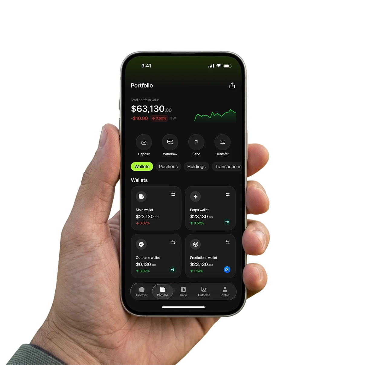The AIMO app open to a portfolio view, held in a hand